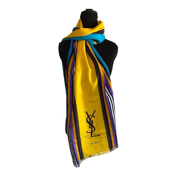 Yves Saint Laurent Multi Color Striped Silk Scarf Shawl Wrap 17”x 64” Vintage - Picture 2 of 4